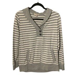 Banana Republic Gray White Striped Button Neck Pullover Sweater Pocket Women Lar